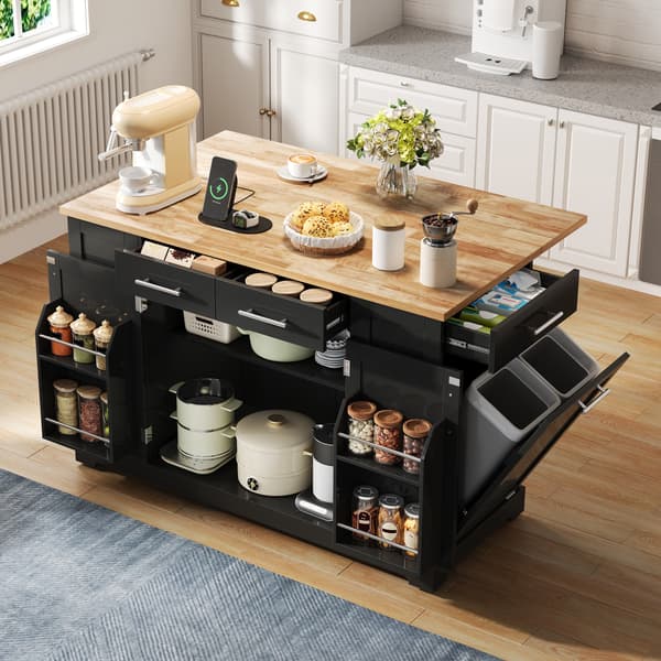 Modern köksö med hopfällbar arbetsyta, tystgående hjul, EU‑uttag, justerbara hyllor och utdragbart soptunneutrymme, svart med träutseende, 138 cm
