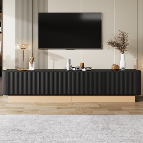 200 cm, Tv-bänk med räfflad yta i lyxig stil, fyra dörrar med stort förvaringsutrymme, mediakommod för vardagsrum, höjdjusterbara fack, rundade hörn, 