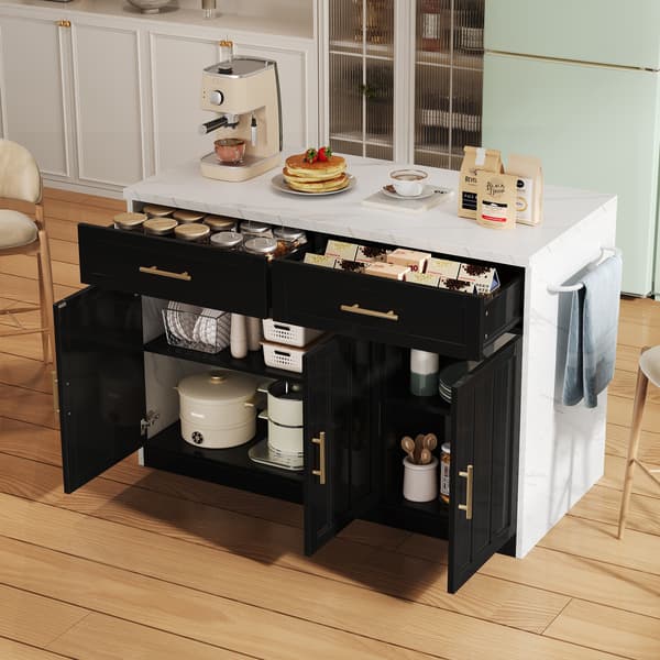 Köksö 120×60×91 cm med eluttag och USB-portar, 1,5 m nätkabel, höjdjusterbara hyllor, metallhandtag, handduksställ och bardel, perfekt för lägenheter,