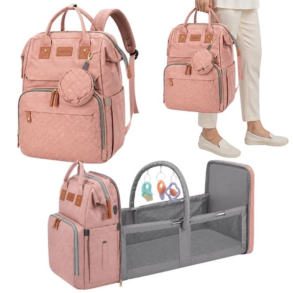 Pusletaske/rygsæk med udklappelig babyseng USB rosa polyester