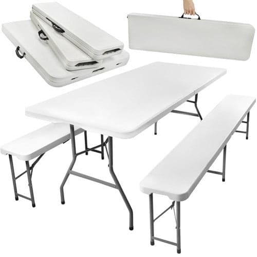 Fällbart trädgårdsbord med 2 bänkar 180x74 cm för 6 personer