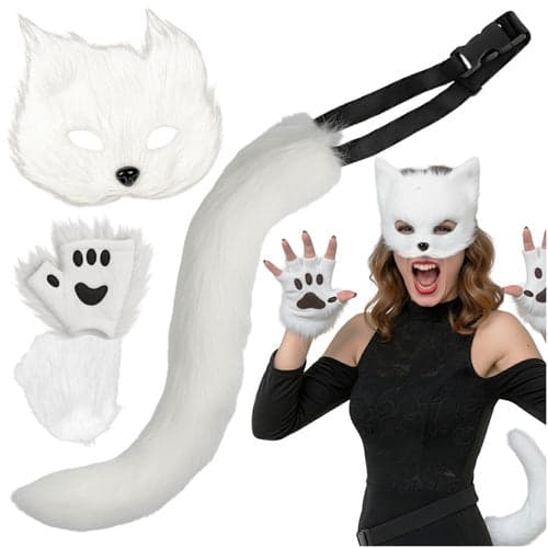 Dyrekostumesæt 4 dele hvid – maske, hale og poter til cosplay