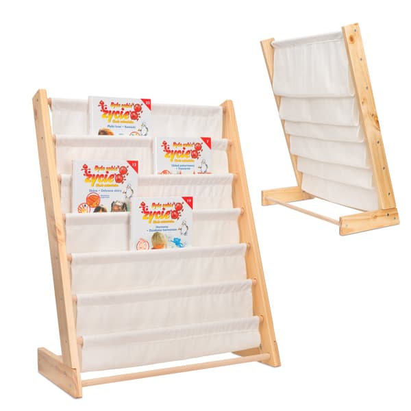Montessori barnbokhylla med 6 fickor, trä/bomull, 63x76,5x30 cm