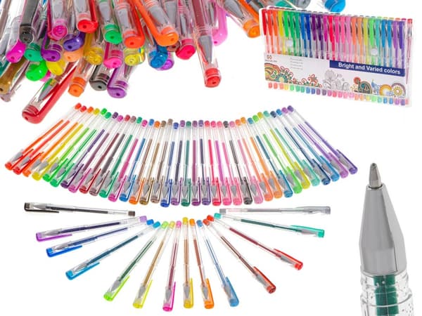 Gelpennor set 50-pack med glitter, metallic, pastell i plastlåda