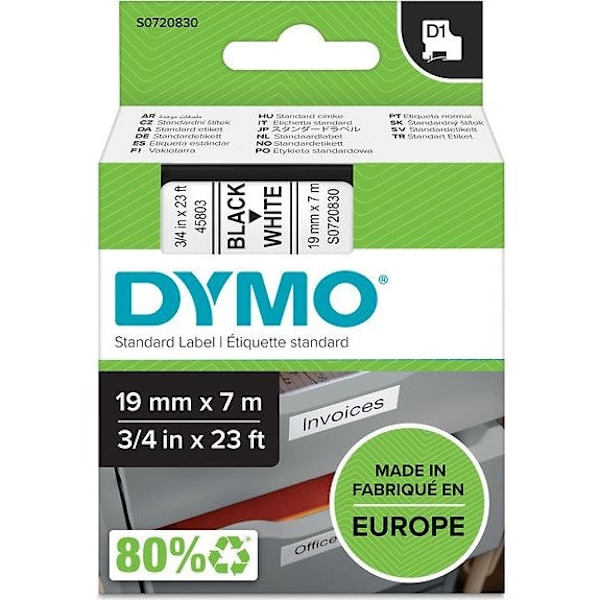 DYMO D1 etikettejp 19 mm x 7 m – svart på vitt - A - Som ny
