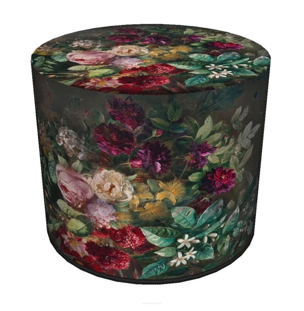 Fløjlspuf, Bertoni, Bouquet-print - rund dekorativ puf, til stuen, cylinder 40 cm, elegant, lynlås
