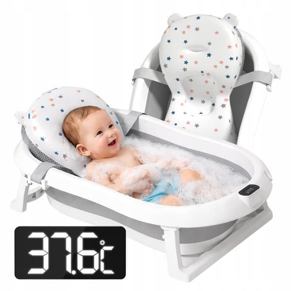 Sammenklappeligt babybadekar til babyer med LCD-termometer og pude