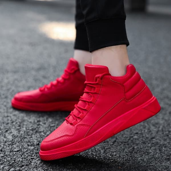 Mænds røde high-top skatesko i læder Flade sneakers med snøre til hverdag Alsidigt afslappet Streetwear Skridsikre sålfodtøj