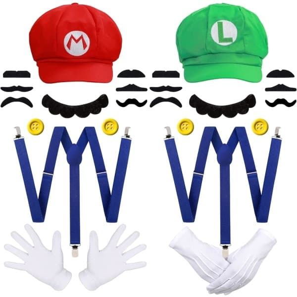 Super Mario Bros Mario ja Luigi Hatut Lippikset Viikset Käsineet Napit Cosplay