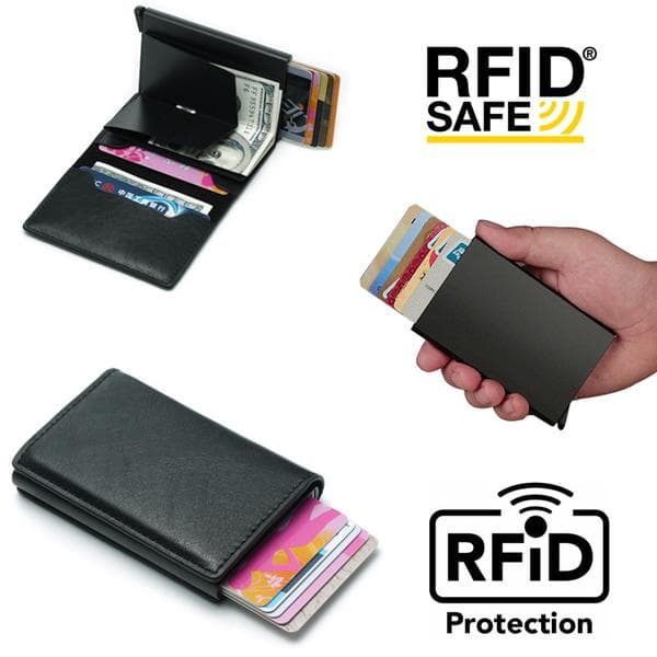 Skydd Plånbok Svart RFID  Korthållare 5st Kort (Äkta Läder)