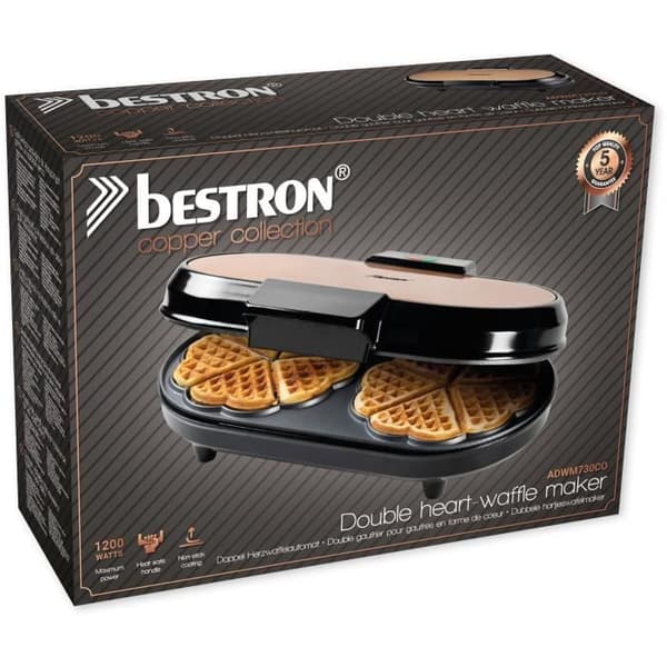Bestron dubbel våffelbryggare för klassiska hjärtformade våfflor, våffelbryggare med matlagningsindikator & non-stick beläggning, koppar