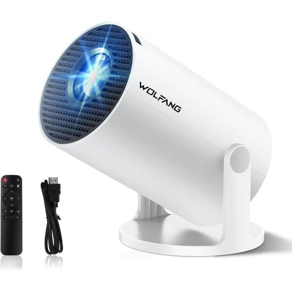 WOLFANG Mini Projektor Full HD 1080p Wi‑Fi 6 Bluetooth – Bärbar, stöd för 180°, automatisk trapezkorrektion
