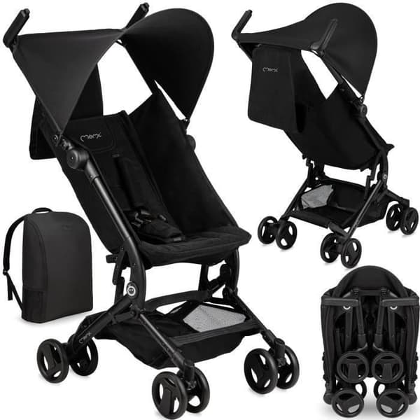 MoMi GRACE - Erittäin kompakti vaunu reppuna - Kevyt 6,2 kg - Pystyasentoon taitettuna - Jopa 15 kg - Musta
