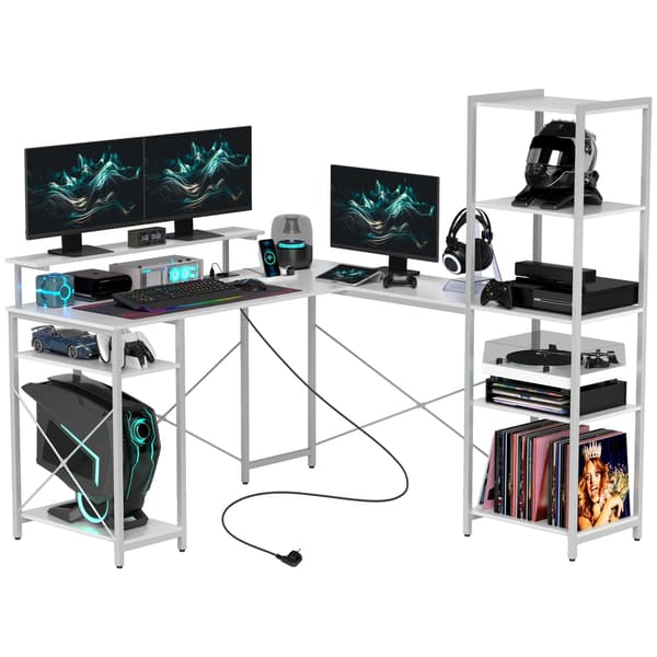 L-formet hjørnebord med ladestation | Farve: Hvid | Mål: 137x140x139,5 cm