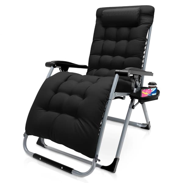 Zero Gravity solstol - Fällbar loungestol - 72 cm extra bred - Med dyna - Metallram - Max 160 kg - För trädgård/uteplats - Svart