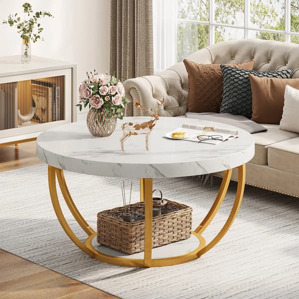 HOGA-NY036 - Runt soffbord - Trä, minimalistisk - Diameter 80 cm, höjd 44 cm - Montering krävs - Vit och guld