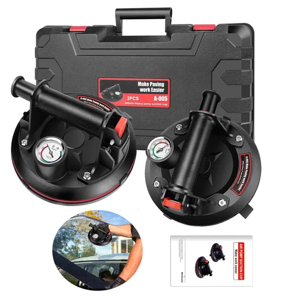 Vakuum sugekop løfter - Glasløfter med manometer - 2 stk - 20 cm sugekop - 200 kg bæreevne - Til glas fliser granit - Sort