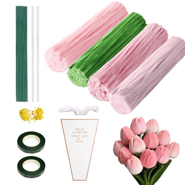 Piprensare för pyssel - Chenilletråd Set - Flexibla för DIY Blommor - Metallkärna - Rosa