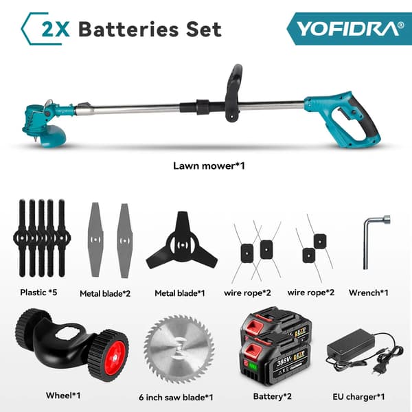 Elektrisk grästrimmer - Gräsklippare - 15 cm blad - 12000 rpm - Teleskopskaft 100–135 cm - Fällbar - Med 2 batterier