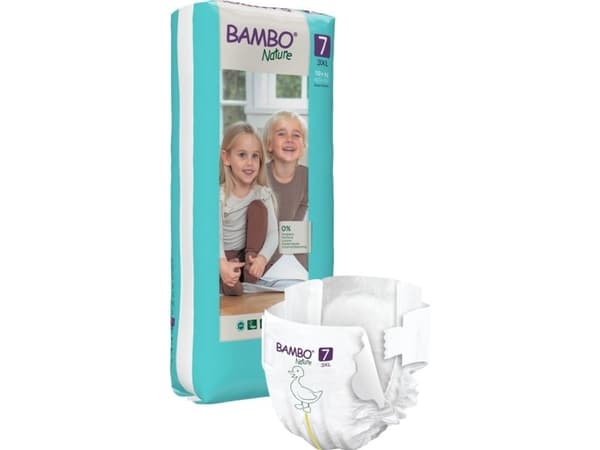 Babyblöja, tejpblöja, miljömärkt, Bambo Nature, 7 st, hög förpackning, 18+ kg - (3 förpackningar x 40 st.)