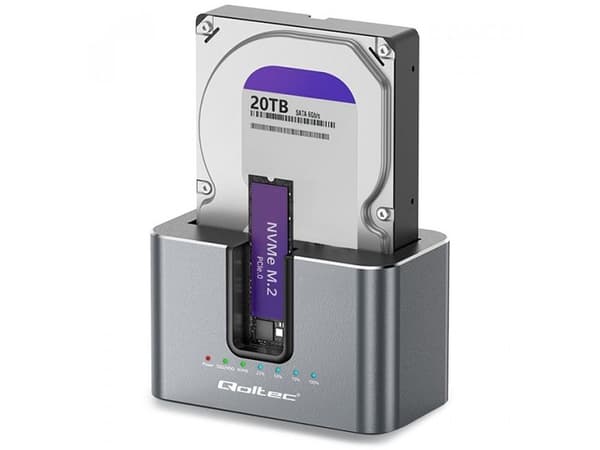 Qoltec 2-i-1-dockningsstation för HDD och SSD | SATA | M.2 NVMe | Kloning | USB-C 3.2 Gen 2 | 10 Gb/s | 28 TB | Aluminium