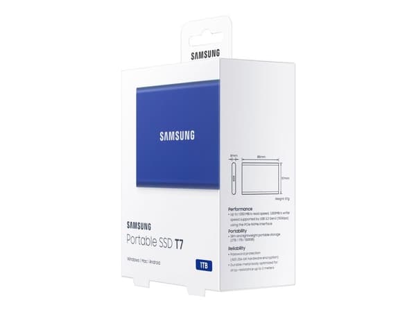 Samsung T7 MU-PC1T0H - SSD - kryptert - 1 TB - ekstern (bærbar) - USB 3.2 Gen 2 (USB-C kontakt) - 256-bit AES - indigoblå