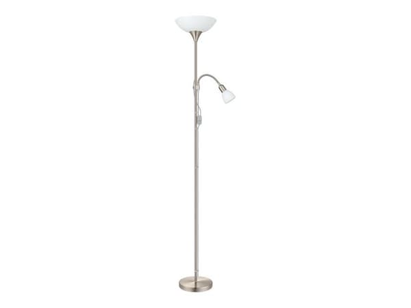 EGLO UP 2 golvlampa i borstat stål med vita skärmar på uplight- och läsarm
