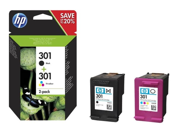 HP 301 - 2-pack - svart, färg (cyan, magenta, gul) - original - bläckpatron - för Deskjet 1050A J410, 1051A J410, 10XX, 10XX J410, 15XX, 2000, 2050...