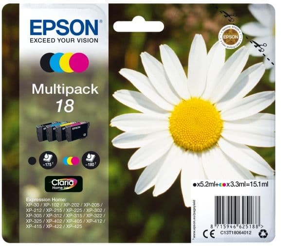 Epson 18 Multipack - 4-pack - svart, gul, cyan, magenta - original - blister - bläckpatron - för Expression Home XP-212, 215, 225, 312, 315, 322, 3...