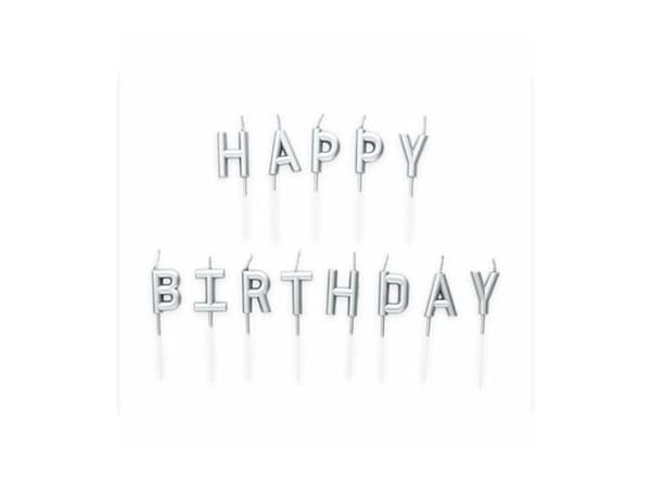 Silverfärgade tårtljus Happy birthday