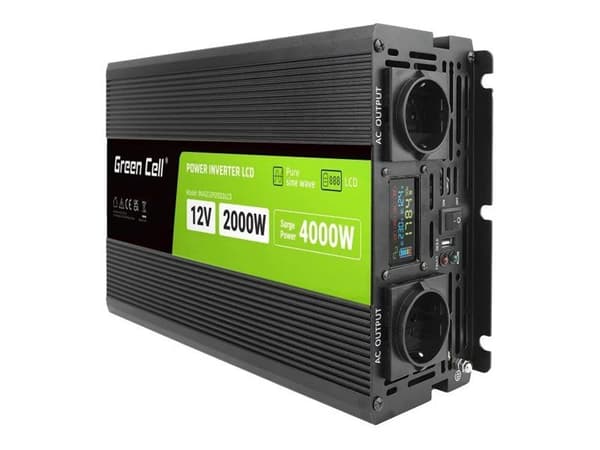 Green Cell PowerInverter LCD växelriktare 12–230 V 2000 W/40000 W ren sinusvåg