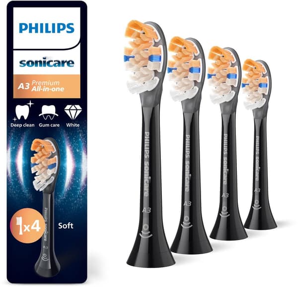 Philips HX9094 Sonicare A3 Premium alt-i-ett tannbørstehoder – svart – 4-pakning