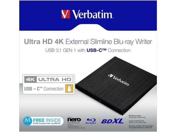 Verbatim Ultra HD 4K - Disk drev - BDXL Writer - 6x/4x - SuperSpeed USB 3.1 Gen 1 - extern