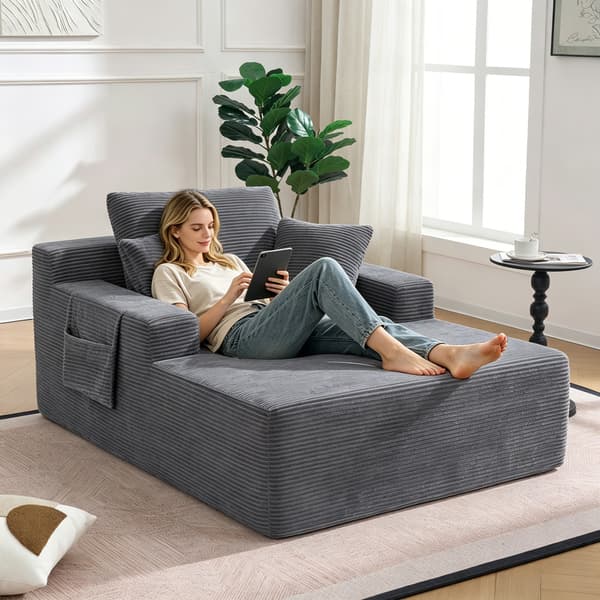 WELLTIN Mörkgrå manchester soffa, bekväm 1-sits soffa med sidofickor, ingen montering krävs enkel soffa för vardagsrum och sovrum.