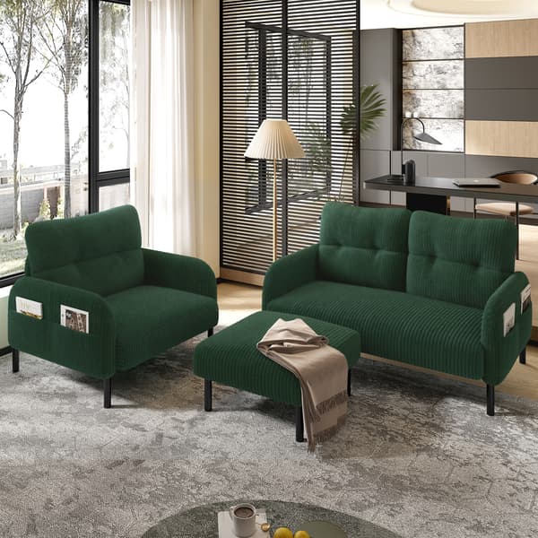 WELLTIN Smaragdgrön manchester soffgrupp, djup 2-sits soffa & modern fåtölj med ottoman, modulär sittgrupp för vardagsrummet.