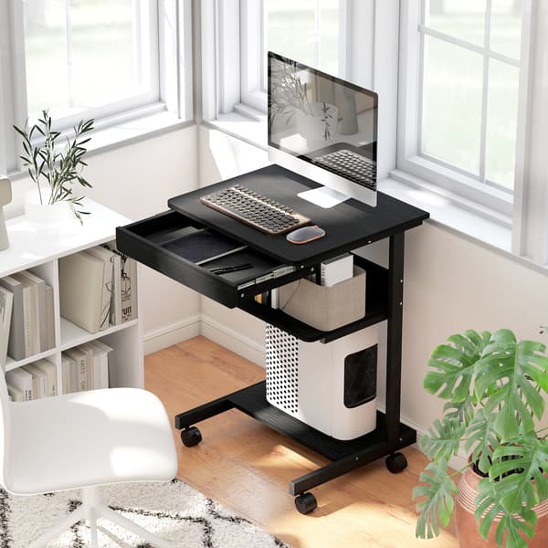 WELLTIN Rullende Computerbord med Skuffe og Hylder, Kompakt 56 x 51 cm Kontorbord, Pladsbesparende Bord til Små Rum, Kollegieværelser og Soveværelser