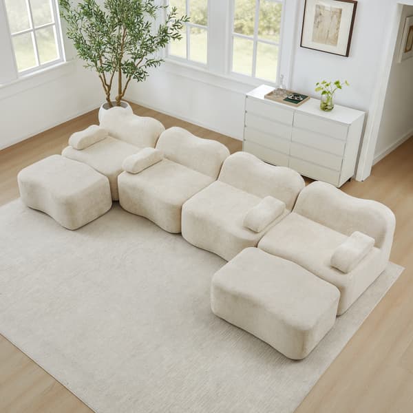 WELLTIN 4-sits U-formad modulsoffa, beige ramlös sammetssoffa, vågformad soffa med 2 ottomaner och flyttbar armstödskudde för vardagsrum