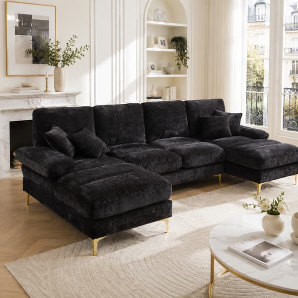 WELLTIN U-formad sektionssoffa, modern modulsoffa i chenille med dubbel schäslong, ben i guldfärgad metall, för stort vardagsrum 272 x 136 x 88 cm