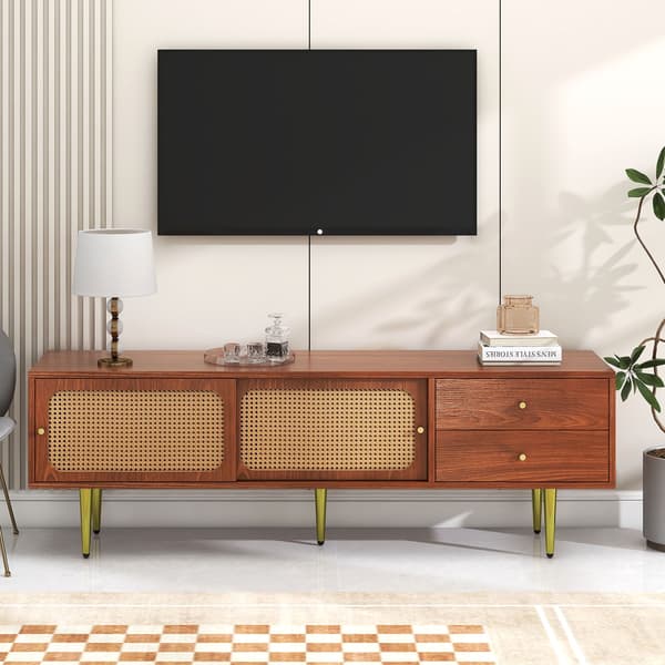 WELLTIN Valnød TV-bord med skydedøre i rattan, 160 cm TV-skab med 2 skuffer og justerbare hylder, underholdningscenter til stuen