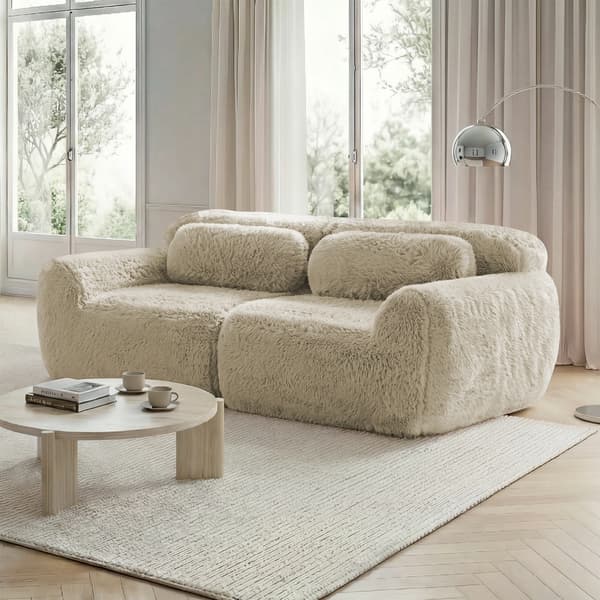 WELLTIN Ljus Khaki 2-sits Soffa, Ramlös Modulsoffa, Högelastisk Skumsoffa med Premium Plyschtyg för Vardagsrum och Sovrum