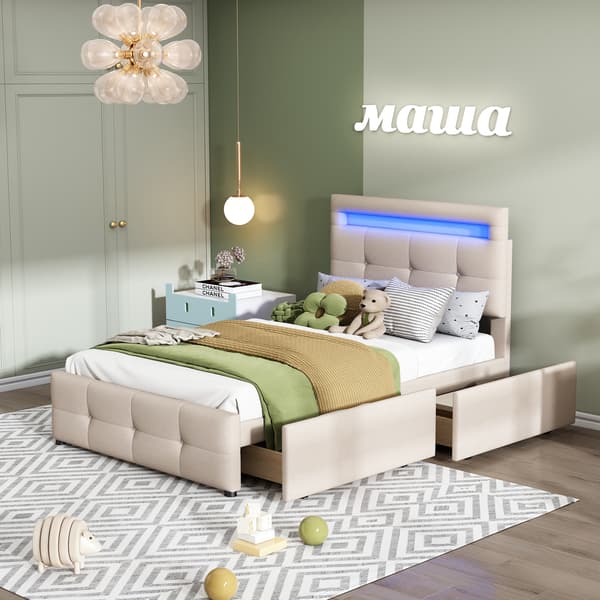 WELLTIN Enkelsäng 90x200, Beige Linneklädd Sängram, Modern LED-säng med 2 Förvaringslådor för Barn, Ungdomar och Mysigt Gästrum