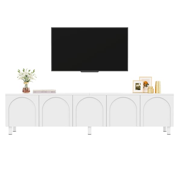 WELLTIN TV-skab lavskab med 5 buede låger, PB- og MDF-krop, metalben, kabelstyring, hvid stue TV-møbel, 180 cm til moderne opbevaring