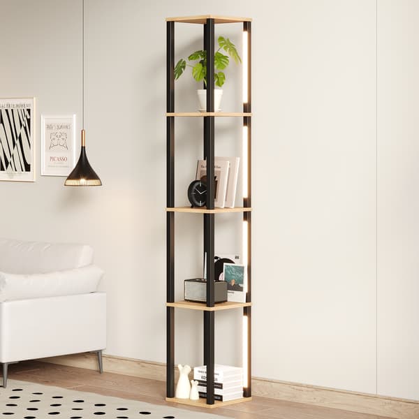 WELLTIN LED hyllenhet, 4-vånings belyst bokhylla med trefärgad belysning, smal fristående hylla för vardagsrum, 26 x 26 x 165 cm
