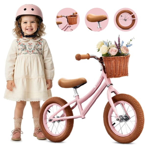 Sun Baby tasapainopyörä 12" retro, ilmakumit, teräsrunko, säätö 36-47/53-58 cm, kori, pinkki 2+
