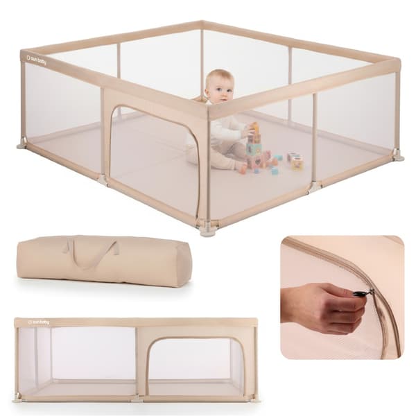 SUN BABY Babykravlegård 0-2 år stor sammenklappelig netvægge indgang med lynlås solid metalramme beige