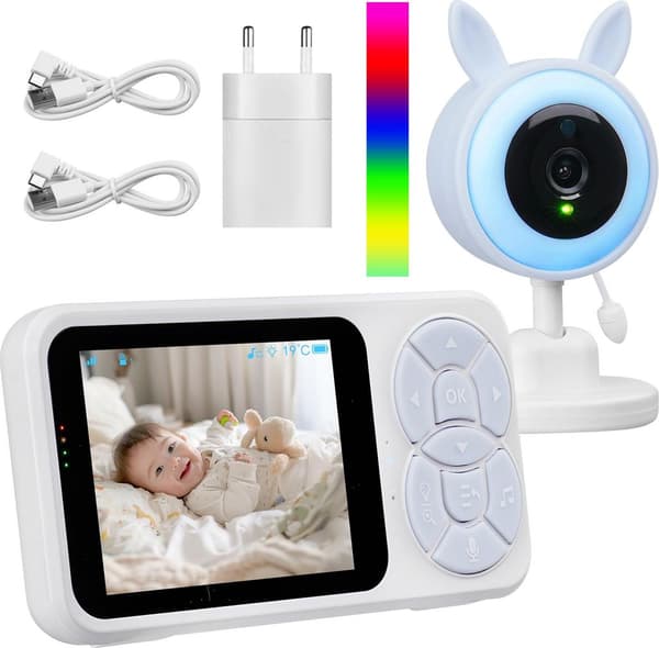 Babyalarm med kamera og 3,5-tommer IPS-skærm, nattesyn, stemmeaktivering, tovejslyd, temperaturovervågning, vuggeviser.