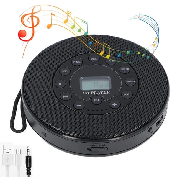 Kannettava CD-soitin kaiuttimilla, ladattava, 8 tunnin akunkesto, iskunkestävä, tukee USB:tä, AUX:ia, Bluetoothia, yhteensopiva auton kanssa