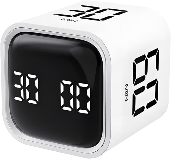 Pomodoro-ajastin, 5/10/30/60 minuutin esiasetukset, painovoima-anturi, ADHD-kuutio, värinä-/äänenvoimakkuustilat, työ/opiskelu/keittiö