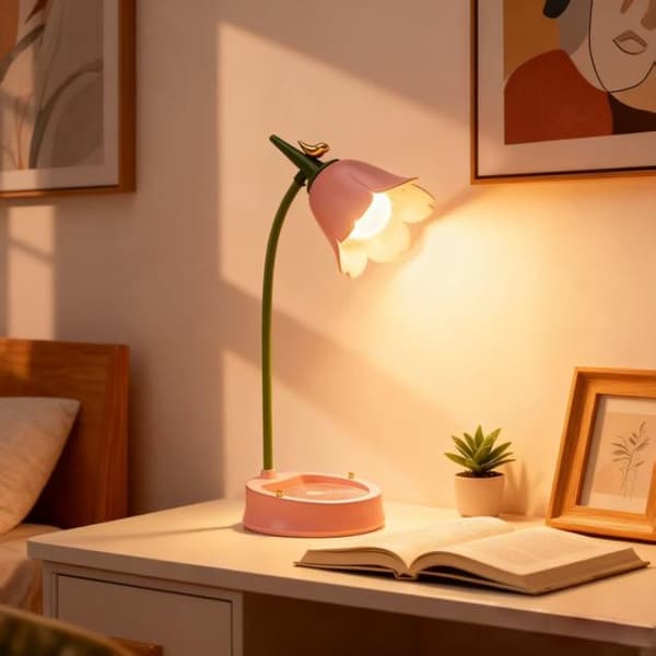 LED Skrivbordslampa för hemmakontor - Trådlös skrivbordslampa med flera ljuslägen - Beröringsdimmerfunktion - Justerbar flexibel svanhals - Rosa