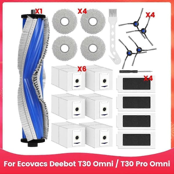 Reservedele til Ecovacs Deebot T30 Omni støvsuger, 21-delt sæt, hovedbørste, sidebørster, rengøringsklude, filtre, støvposer